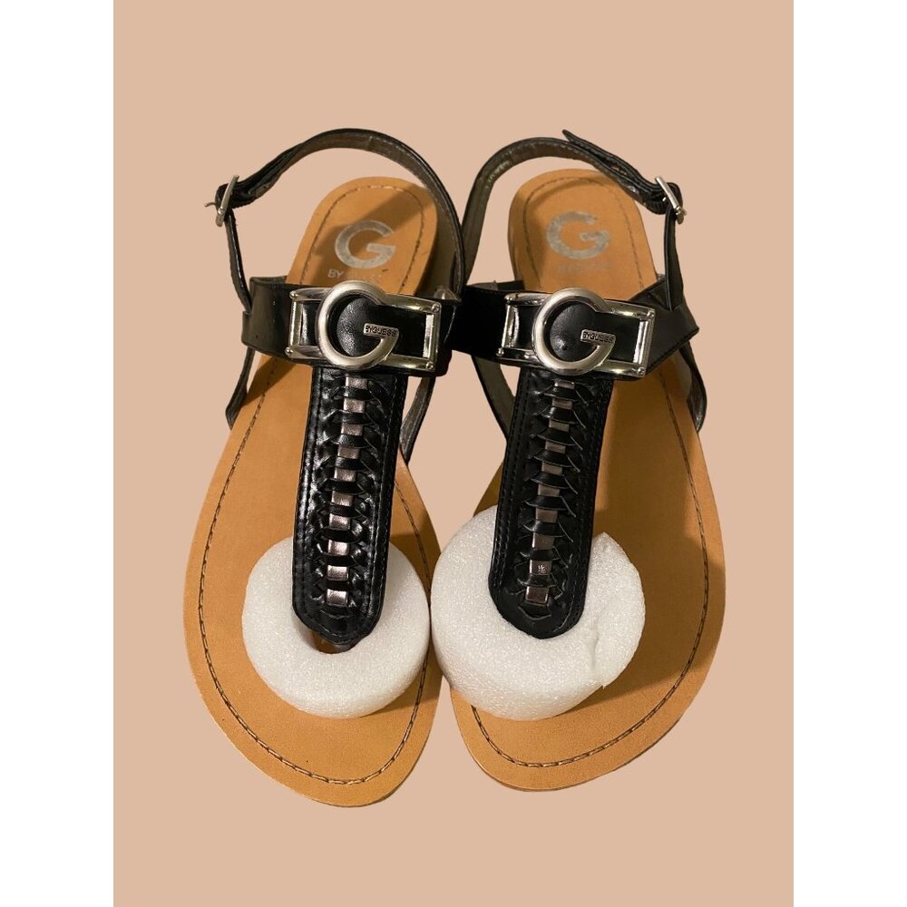 G by Guess Womens Sandals Size 9M Black Leather with Silver Buckle Decor Casual